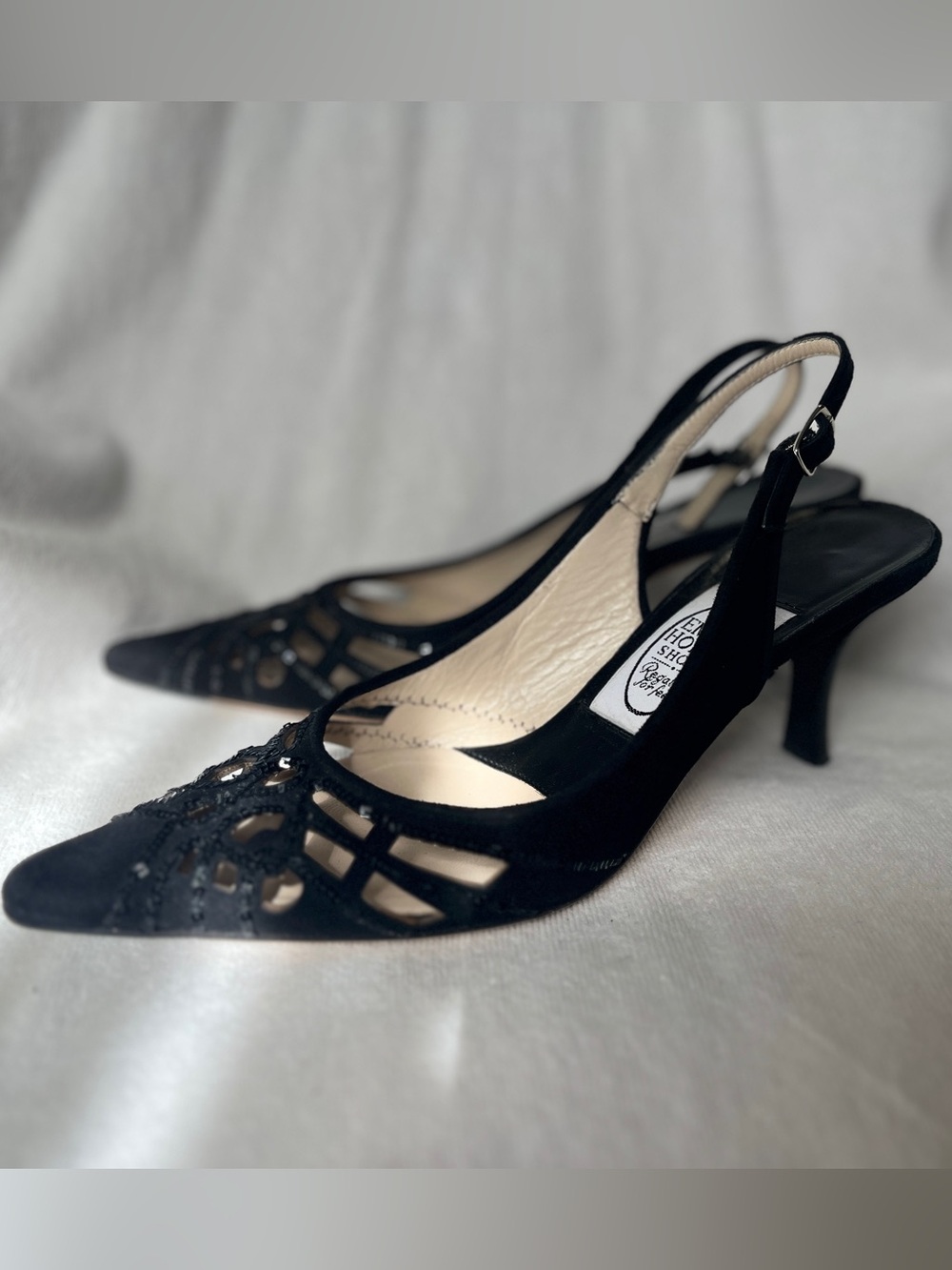 Elegant Emma Hope’s Sequined Suede Evening Slingbacks